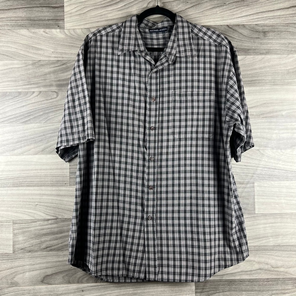 Michael Austin Button Down Shirt Mens XL Gray Plaid Short‎ Sleeve Cotton Blend